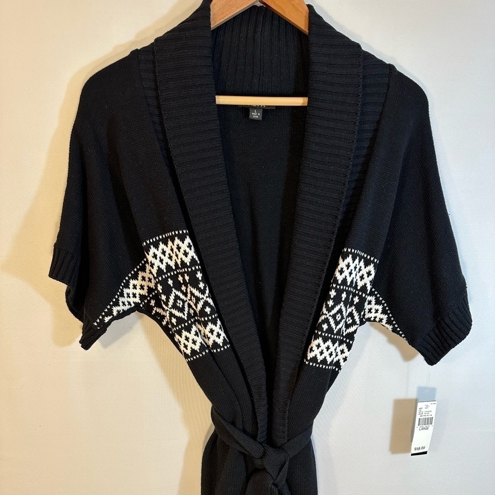ALYX Womens Sweater Cardigan Sz L Knit Aztec Belted Dolman Sleeves Black White